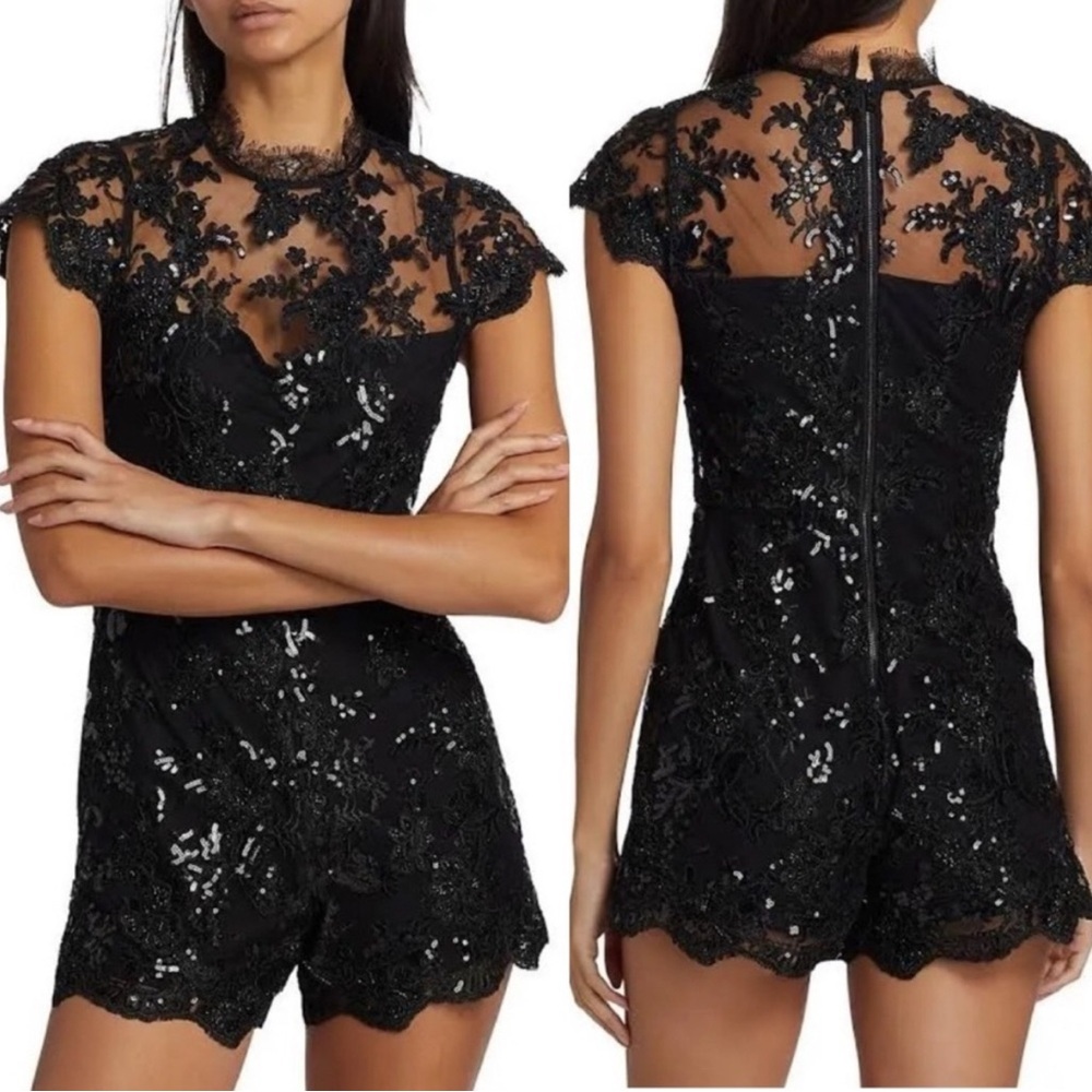 Alice + Olivia Alaina Sequined Lace-trim Romper